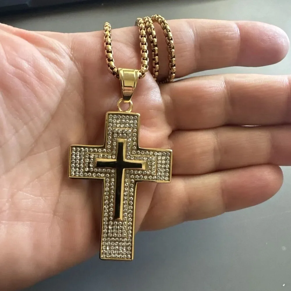 Triple Cross Pendant Gold Plated Cubic Zirconia 24” Chain Stainless Steel Unisex